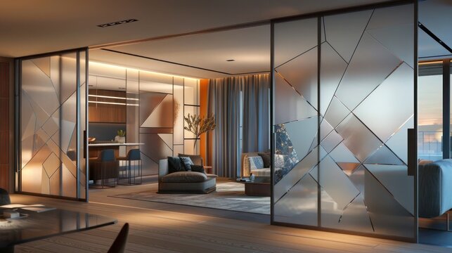 Screen wall designed with a mix of frosted and clear geometric glass panels, offering a modernist aesthetic with privacy control