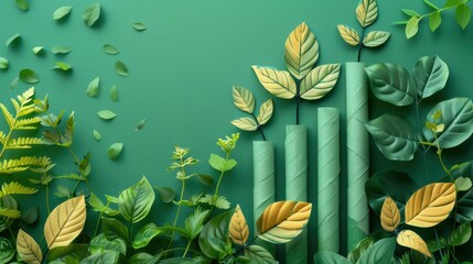 Fototapeta premium Sustainable finance charts with fresh leaves, highlighting positive growth, illustration background