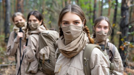 Fototapeta premium Hiking trail Depict hikers wearing masks while trekking along forest trails or climbing rocky paths, with backpacks and hiking poles