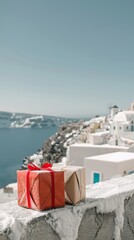 Obraz premium Festive Wrapped Gifts on Snowy Mediterranean Balcony with Blue Sky, Holiday Vibe and Minimalistic Style