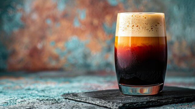 Product photo of nitro cold brew coffee, on slate surface, isolated on dark background. studio lighting.	
