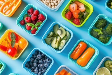 School Meals. Healthy and Colorful Lunchboxes on Blue Background