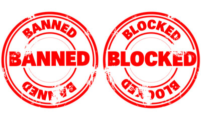 Banned and Blocked Vintage Stamp Labels with a distressed texture effect isolated on white or a transparent background