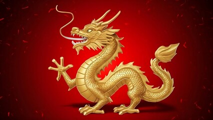 Obraz premium Majestic Golden Dragon on Vibrant Red Festive Background