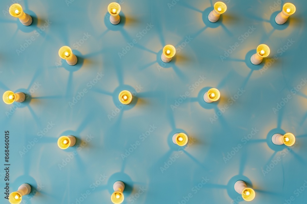 Poster soft blue background illuminated by consistent golden lights casting soft shadows, evoking a sunny d