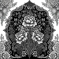 a black and white drawing of flowers on a white background