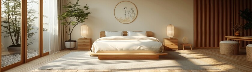 Minimalist bedroom bright natural lighting floortoceiling windows white walls sleek furniture and a touch of greenery creating a peaceful and airy environment