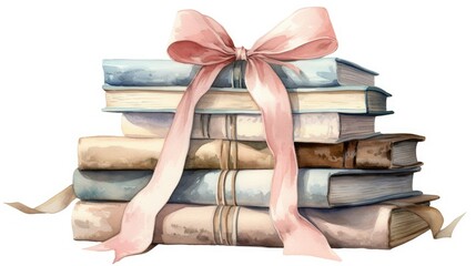 A stack of books tied with a pastel pink ribbon