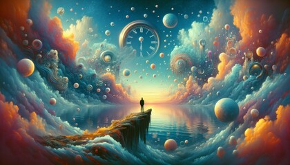 Man on cliff in cosmic dreamscape