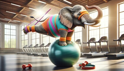 Elephant balancing on exercise ball in gym wearing colorful workout clothes