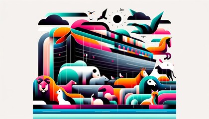 Colorful abstract illustration of Noah's Ark with geometric animals and landscape
