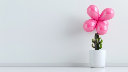 Fototapeta premium Minimalistic cactus plant with vibrant pink balloon flower in white pot on clean background. Artistic and playful combination of nature and artificial elements. Colorful decor idea. AI