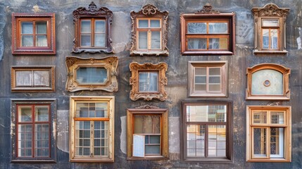 Screen wall featuring a collage of antique wooden window frames, each with different architectural styles, creating a historical mosaic
