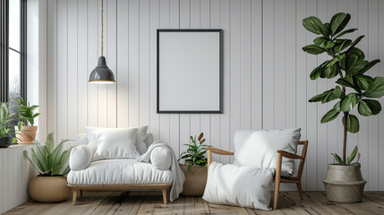 An empty modern black frame on a white gallery wall