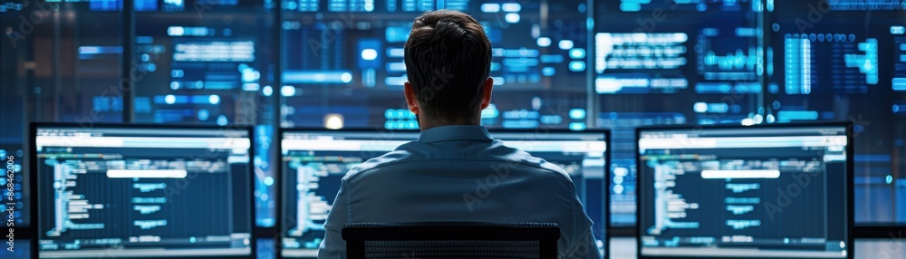 Poster a person sits in front of multiple computer screens, analyzing data.