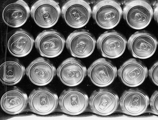 Beer Cans in the Fridge. Pattern, Texture, and Contrast. Black and white, monochrome.