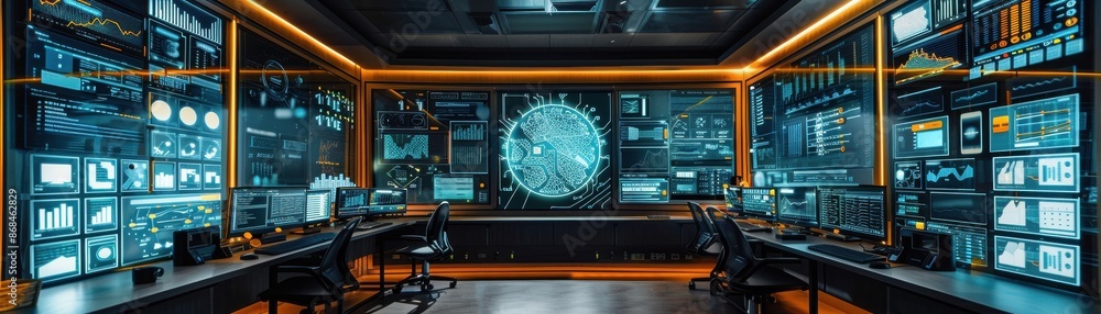 Aufkleber futuristic control room with multiple screens displaying data.