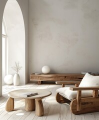 Minimalist interior with white wall, light wood tones, and minimalist furniture