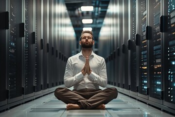 It worker attains mindfulness server room zen routine. Calm technology expert practices yoga posture to promote tranquility. Achieving digital harmony personal mindfulness practices.