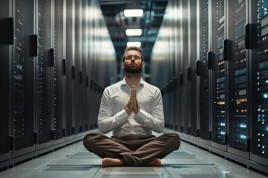 It worker attains mindfulness server room zen routine. Calm technology expert practices yoga posture to promote tranquility. Achieving digital harmony personal mindfulness practices.