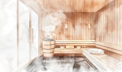 Front view of empty Finnish sauna room. Modern interior of wooden spa cabin with dry steam. 