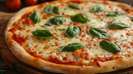 Close-up of a margherita pizza with melted cheese and fresh basil leaves
