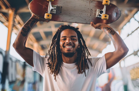 A dark-skinned Smiling young man with dreadlocks holding a skateboard above his head in an urban skate park with colorful graffiti, representing skateboarding culture and a vibrant lifestyle