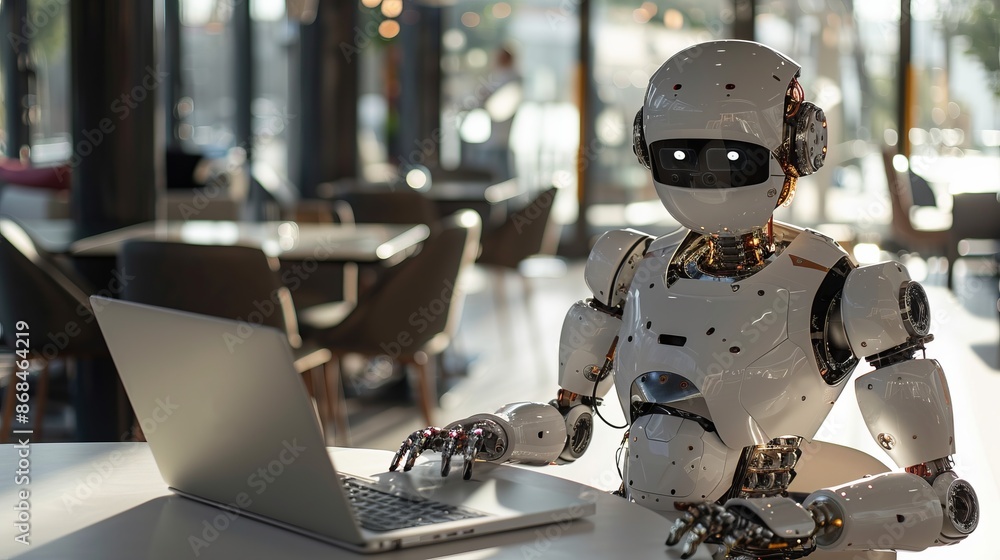 Poster ai generated image of a robot working at a laptop in a modern office. futuristic concept showcasing 