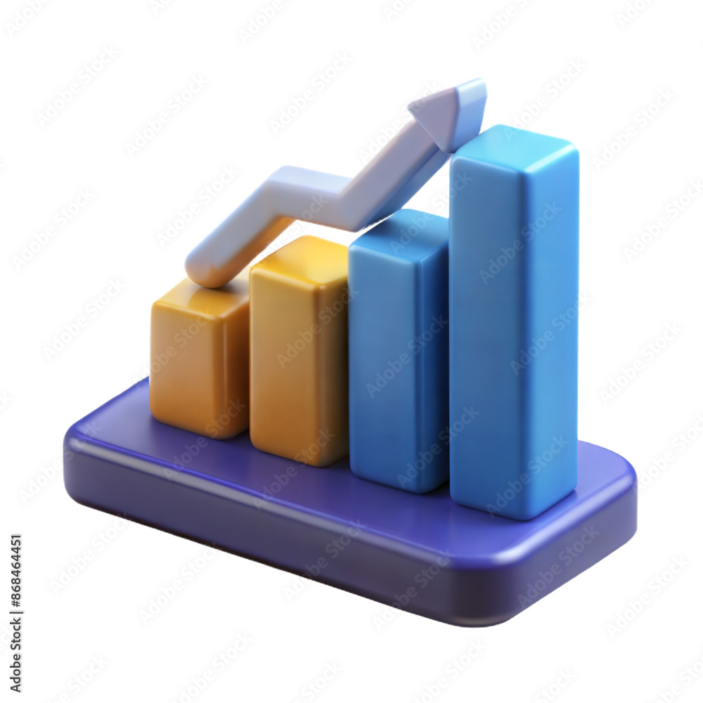 Poster 3d rendered bar graph with arrow pointing upward