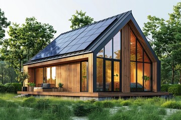 3D Model home with solar cell at rooftop, model house resident solar energy panel at rooftop