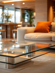 Modern living room with a glass table and white sofa with orange cushion.