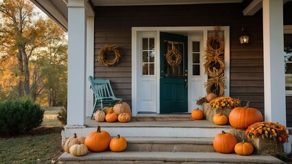 Front porch decorated with hay bales, pumpkins, and wreaths, perfect for autumn or Halloween
