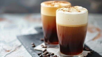 Product photo of nitro cold brew coffee, on slate surface, isolated on white background. studio lighting.	
