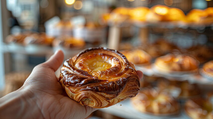 Obraz premium Hand holding a freshly baked pastry at a bakery.