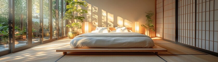 Minimalist bedroom Japanese influences low platform bed shoji screens bright natural lighting