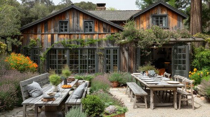 Naklejka premium Light up your outdoor dining area with sparkling string lights, cozy blankets, and festive table settings for a magical holiday