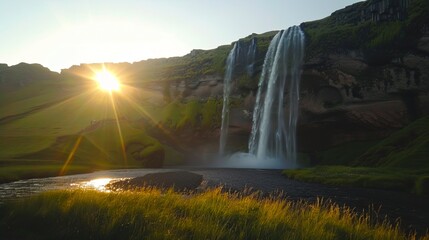 Beautiful waterfall in a serene landscape at sunset. Nature photography capturing the beauty of the outdoors. Perfect for backgrounds, screensavers, and nature-themed projects. AI