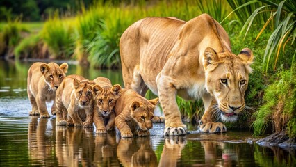 Fototapeta premium A lioness and her cubs drinking from a river, surrounded by lush greenery