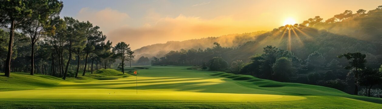 Green golf course at sunrise, a serene and peaceful haven for golf lovers