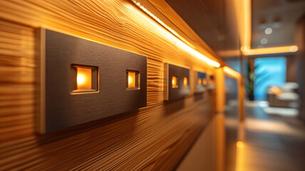 Modern light switches on a wooden wall with warm ambient lighting