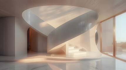 Minimalist shot of a modern, curved mirror reflecting a distorted image in a minimalist home,