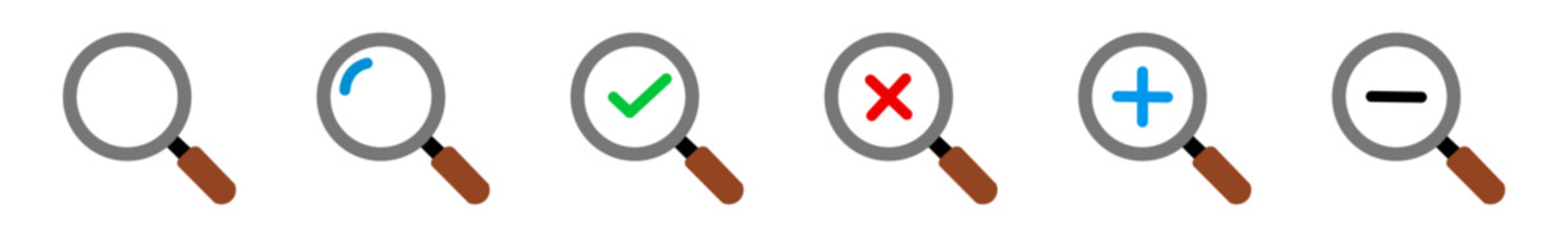 Magnifying glass black icons check positive and negative, increase plus or decrease minus icons on white background
