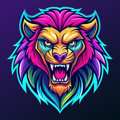 angry colorful lion face mascot logo neon design
