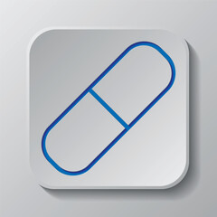 Pill simple icon vector. Flat design. Paper cut design. Cutted blue symbol with shadow. Gray badge button, gray background