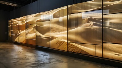 Obraz premium Screen wall featuring a series of sand-filled glass panels, each shaken into patterns that mimic desert dunes