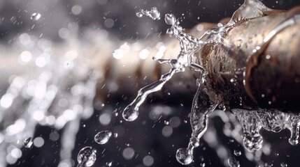 Water Spurt. Leaking Pipe with Broken Bronze Spurt and Water Splash