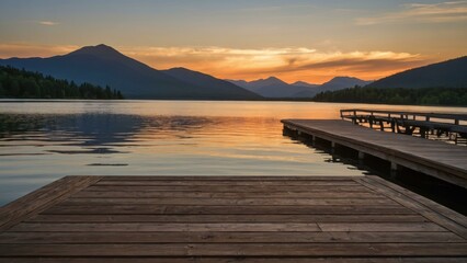 Fototapeta premium Single chair on a wooden deck overlooking a calm lake at sunset with mountains in the background