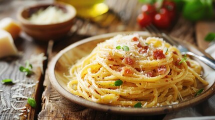 Italian spaghetti carbonara served with Parmesan cheese