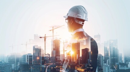 Visual background of a collage of different scenes. Management strategy and different concepts of building future cities. Double exposure.