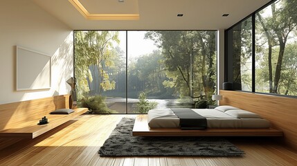 Modern bedroom with minimalist design bright lighting neutral color palette sleek furniture and large windows creating an airy spacious atmosphere